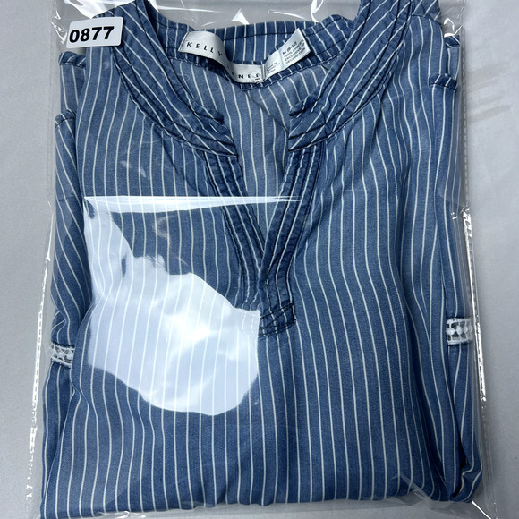 Kelly Renee Blouse Women Medium Blue Striped Long Sleeve Bell Sleeve V Neck Boho - Picture 8 of 9